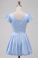 Load image into Gallery viewer, Sky Blue A-Line Satin Cap Sleeves Short Cocktail Dress with Bow