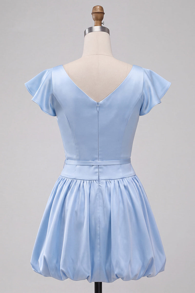 Load image into Gallery viewer, Sky Blue A-Line Satin Cap Sleeves Short Cocktail Dress with Bow