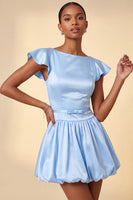 Load image into Gallery viewer, Sky Blue A-Line Satin Cap Sleeves Short Cocktail Dress with Bow