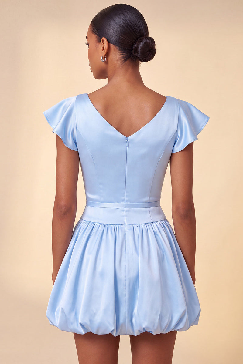Load image into Gallery viewer, Sky Blue A-Line Satin Cap Sleeves Short Cocktail Dress with Bow