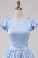 Load image into Gallery viewer, Sky Blue A-Line Satin Cap Sleeves Short Cocktail Dress with Bow