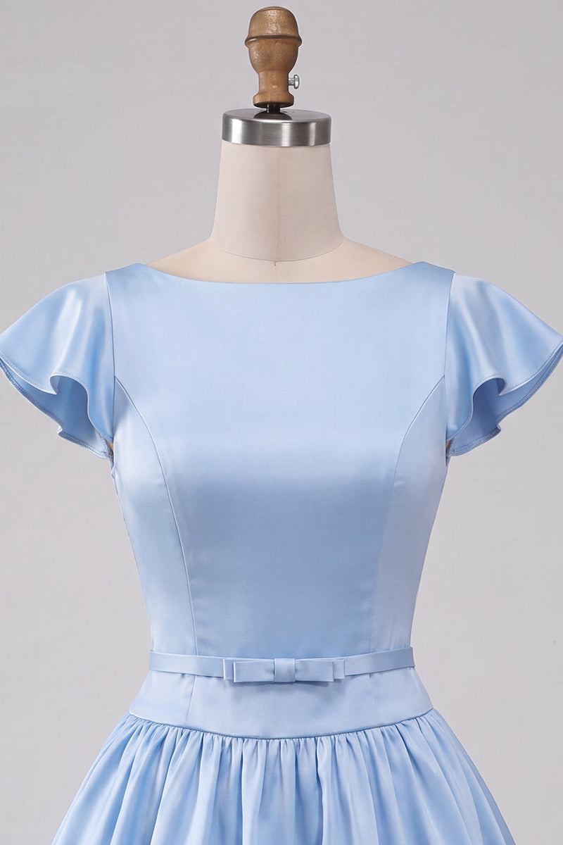 Load image into Gallery viewer, Sky Blue A-Line Satin Cap Sleeves Short Cocktail Dress with Bow