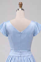 Load image into Gallery viewer, Sky Blue A-Line Satin Cap Sleeves Short Cocktail Dress with Bow