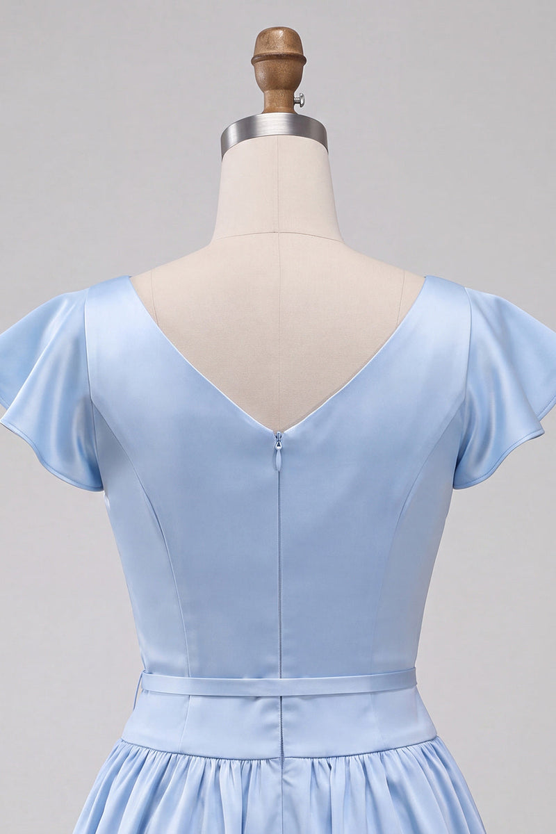 Load image into Gallery viewer, Sky Blue A-Line Satin Cap Sleeves Short Cocktail Dress with Bow