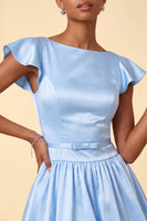 Load image into Gallery viewer, Sky Blue A-Line Satin Cap Sleeves Short Cocktail Dress with Bow