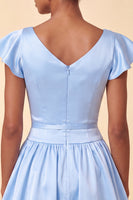 Load image into Gallery viewer, Sky Blue A-Line Satin Cap Sleeves Short Cocktail Dress with Bow