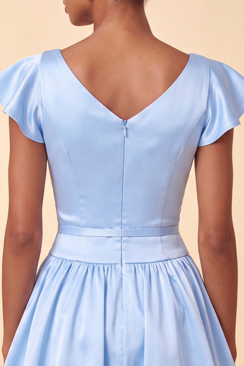 Load image into Gallery viewer, Sky Blue A-Line Satin Cap Sleeves Short Cocktail Dress with Bow