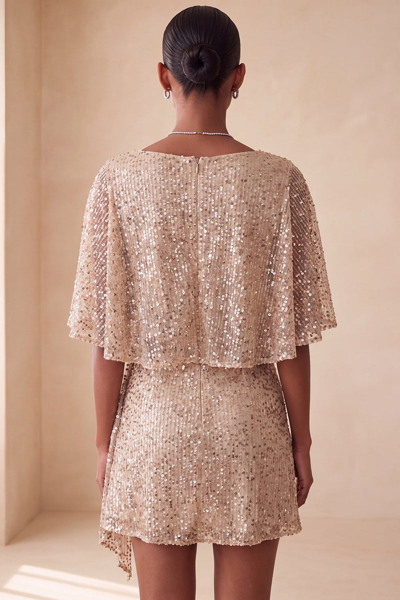 Load image into Gallery viewer, Sparkly Pink Ruched Tight Short Sequin Cocktail Dress with Cape