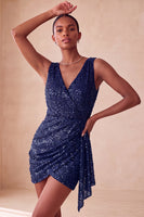 Load image into Gallery viewer, Sparkly Pink Ruched Tight Short Sequin Cocktail Dress with Cape