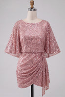Load image into Gallery viewer, Sparkly Pink Ruched Tight Short Sequin Cocktail Dress with Cape