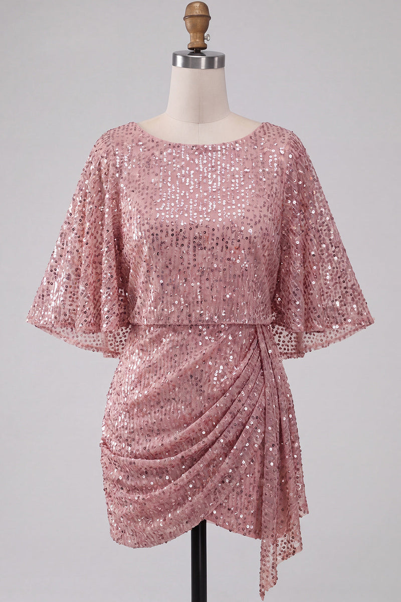 Load image into Gallery viewer, Sparkly Pink Ruched Tight Short Sequin Cocktail Dress with Cape