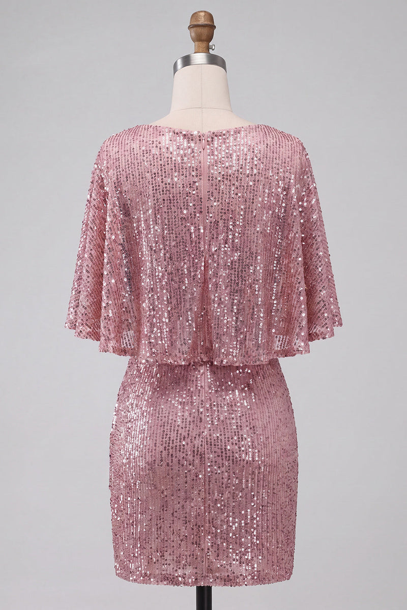 Load image into Gallery viewer, Sparkly Pink Ruched Tight Short Sequin Cocktail Dress with Cape