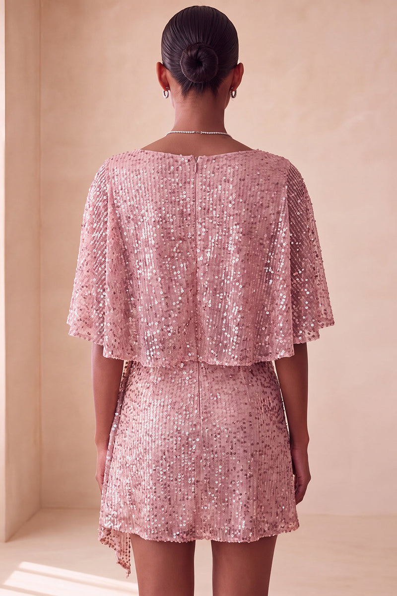 Load image into Gallery viewer, Sparkly Pink Ruched Tight Short Sequin Cocktail Dress with Cape
