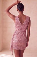 Load image into Gallery viewer, Sparkly Pink Ruched Tight Short Sequin Cocktail Dress with Cape