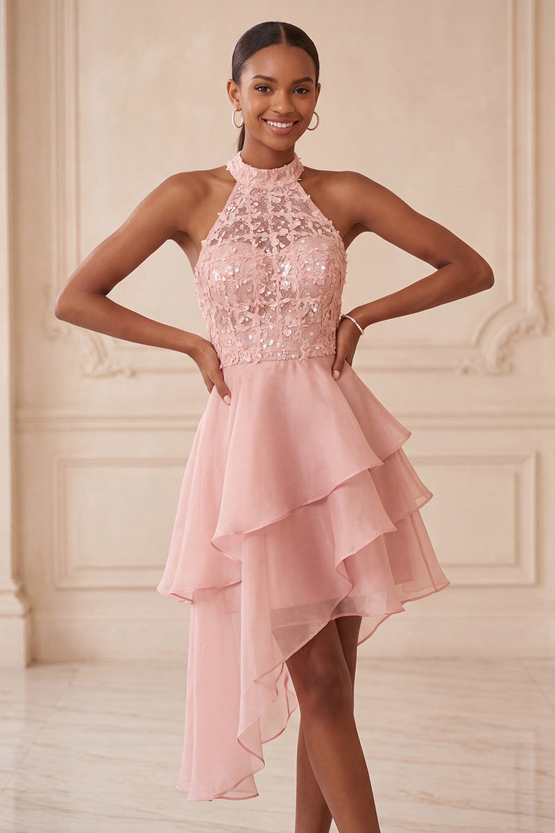 Load image into Gallery viewer, Sky Blue Halter A Line Sequin Tiered Asymmetrical Cocktail Dress