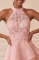 Load image into Gallery viewer, Sky Blue Halter A Line Sequin Tiered Asymmetrical Cocktail Dress