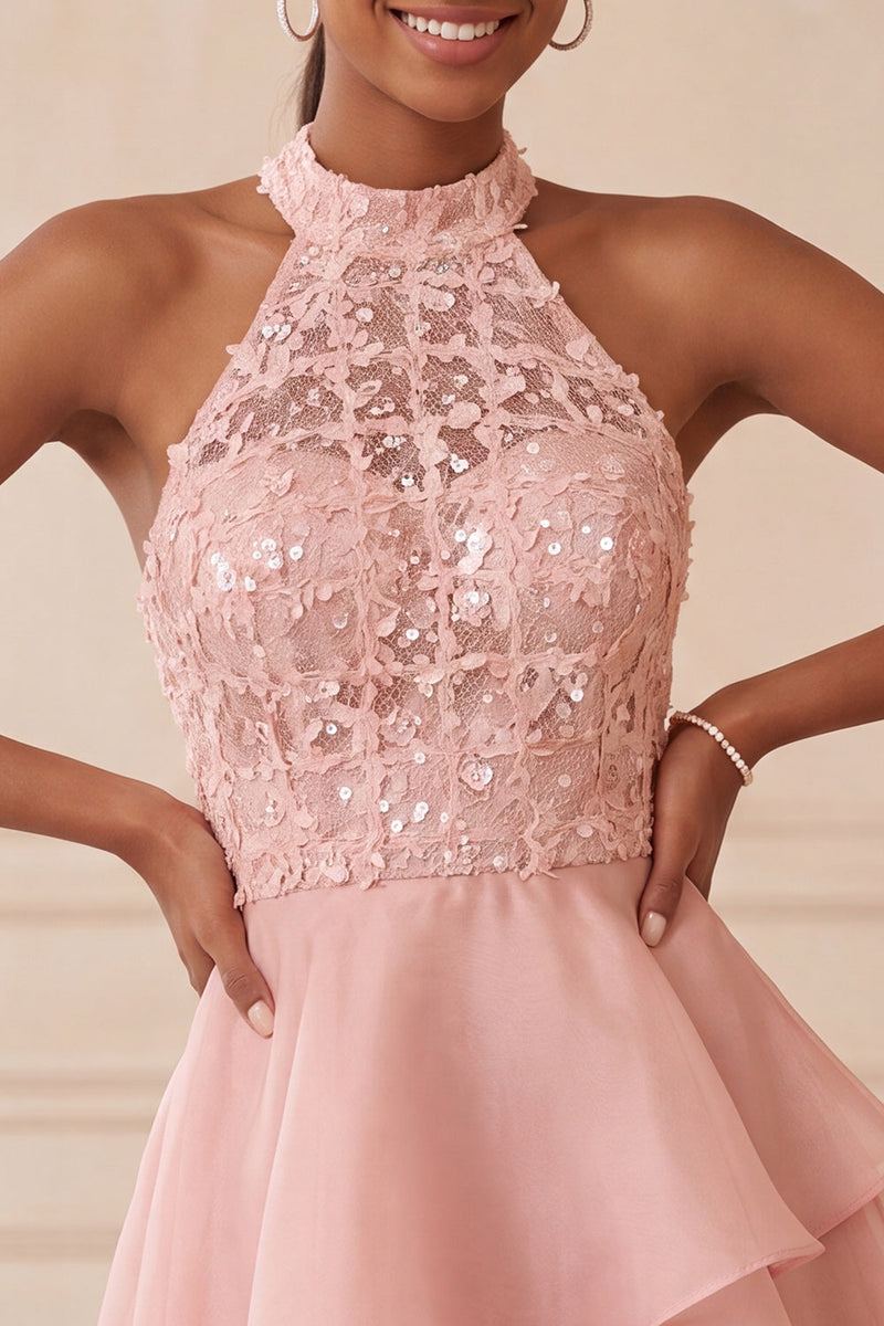 Load image into Gallery viewer, Sky Blue Halter A Line Sequin Tiered Asymmetrical Cocktail Dress