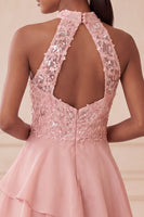 Load image into Gallery viewer, Sky Blue Halter A Line Sequin Tiered Asymmetrical Cocktail Dress