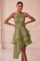 Load image into Gallery viewer, Sky Blue Halter A Line Sequin Tiered Asymmetrical Cocktail Dress