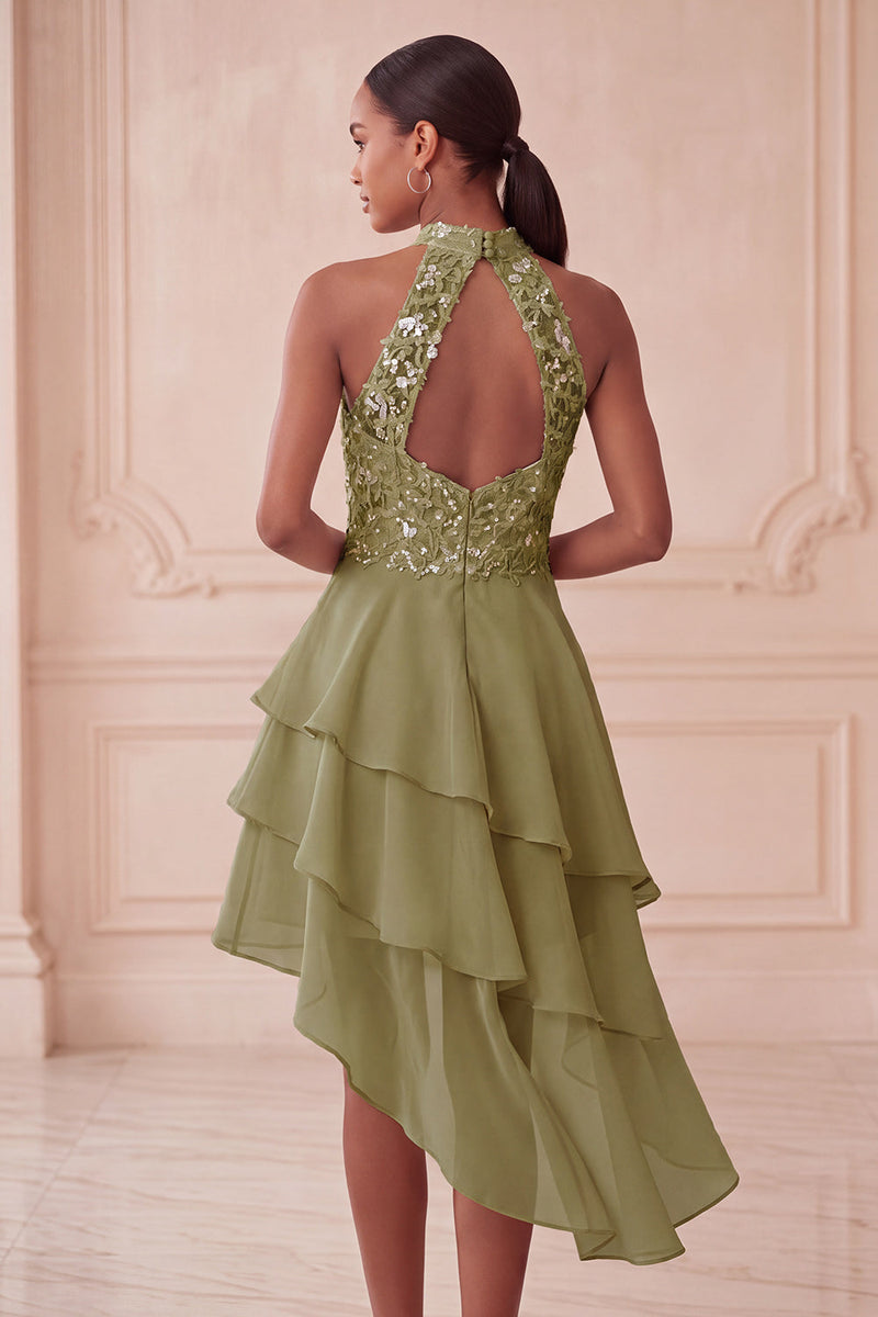 Load image into Gallery viewer, Sky Blue Halter A Line Sequin Tiered Asymmetrical Cocktail Dress