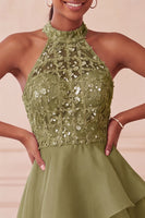 Load image into Gallery viewer, Sky Blue Halter A Line Sequin Tiered Asymmetrical Cocktail Dress