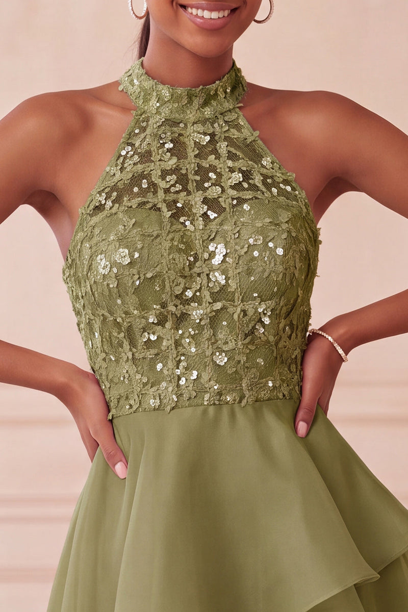 Load image into Gallery viewer, Sky Blue Halter A Line Sequin Tiered Asymmetrical Cocktail Dress