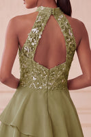 Load image into Gallery viewer, Sky Blue Halter A Line Sequin Tiered Asymmetrical Cocktail Dress