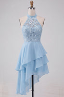 Load image into Gallery viewer, Sky Blue Halter A Line Sequin Tiered Asymmetrical Cocktail Dress