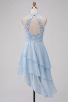 Load image into Gallery viewer, Sky Blue Halter A Line Sequin Tiered Asymmetrical Cocktail Dress