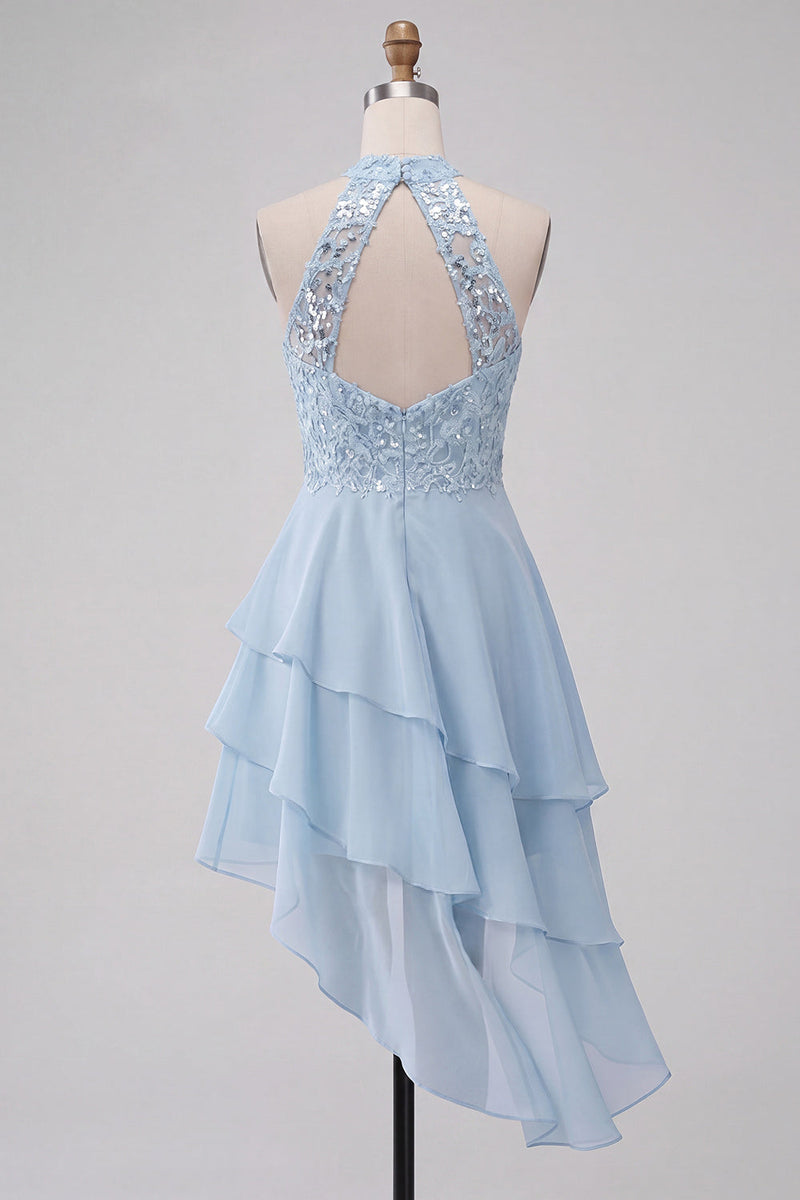 Load image into Gallery viewer, Sky Blue Halter A Line Sequin Tiered Asymmetrical Cocktail Dress
