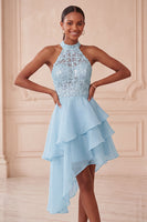 Load image into Gallery viewer, Sky Blue Halter A Line Sequin Tiered Asymmetrical Cocktail Dress