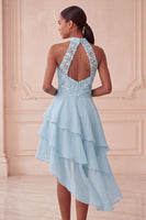 Load image into Gallery viewer, Sky Blue Halter A Line Sequin Tiered Asymmetrical Cocktail Dress