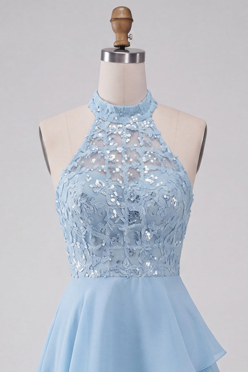 Load image into Gallery viewer, Sky Blue Halter A Line Sequin Tiered Asymmetrical Cocktail Dress