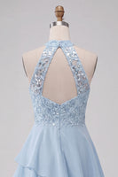 Load image into Gallery viewer, Sky Blue Halter A Line Sequin Tiered Asymmetrical Cocktail Dress