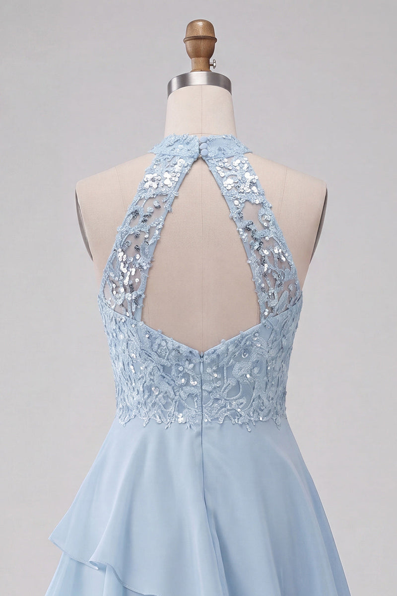 Load image into Gallery viewer, Sky Blue Halter A Line Sequin Tiered Asymmetrical Cocktail Dress