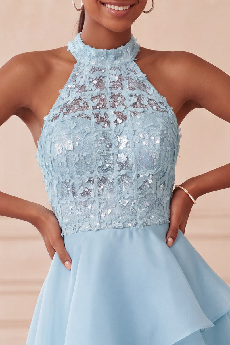 Load image into Gallery viewer, Sky Blue Halter A Line Sequin Tiered Asymmetrical Cocktail Dress