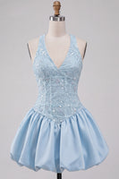 Load image into Gallery viewer, Sky Blue A-Line V-Neck Sequin Appliqued Short Cocktail Dress