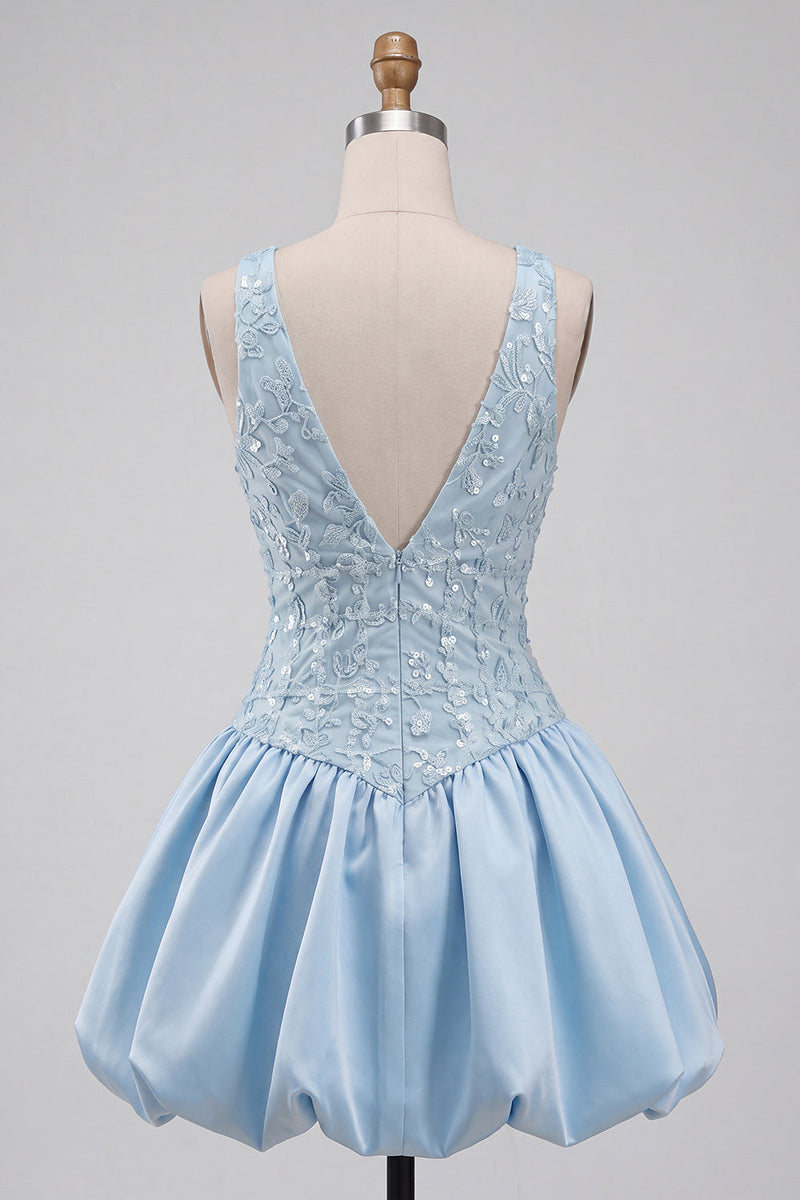 Load image into Gallery viewer, Sky Blue A-Line V-Neck Sequin Appliqued Short Cocktail Dress