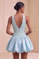 Load image into Gallery viewer, Sky Blue A-Line V-Neck Sequin Appliqued Short Cocktail Dress