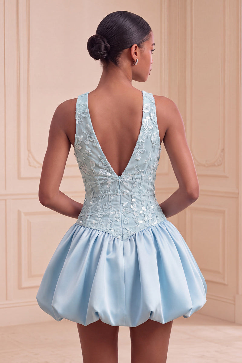 Load image into Gallery viewer, Sky Blue A-Line V-Neck Sequin Appliqued Short Cocktail Dress