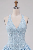 Load image into Gallery viewer, Sky Blue A-Line V-Neck Sequin Appliqued Short Cocktail Dress