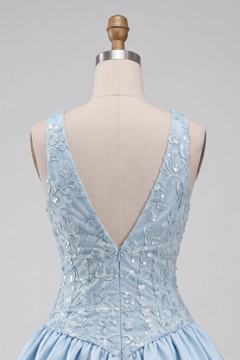 Load image into Gallery viewer, Sky Blue A-Line V-Neck Sequin Appliqued Short Cocktail Dress