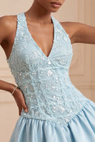 Load image into Gallery viewer, Sky Blue A-Line V-Neck Sequin Appliqued Short Cocktail Dress