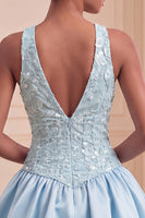 Load image into Gallery viewer, Sky Blue A-Line V-Neck Sequin Appliqued Short Cocktail Dress
