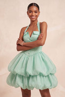 Load image into Gallery viewer, Pink Halter Corset Tiered Short Cocktail Dress with Covered Buttons
