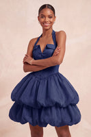 Load image into Gallery viewer, Pink Halter Corset Tiered Short Cocktail Dress with Covered Buttons