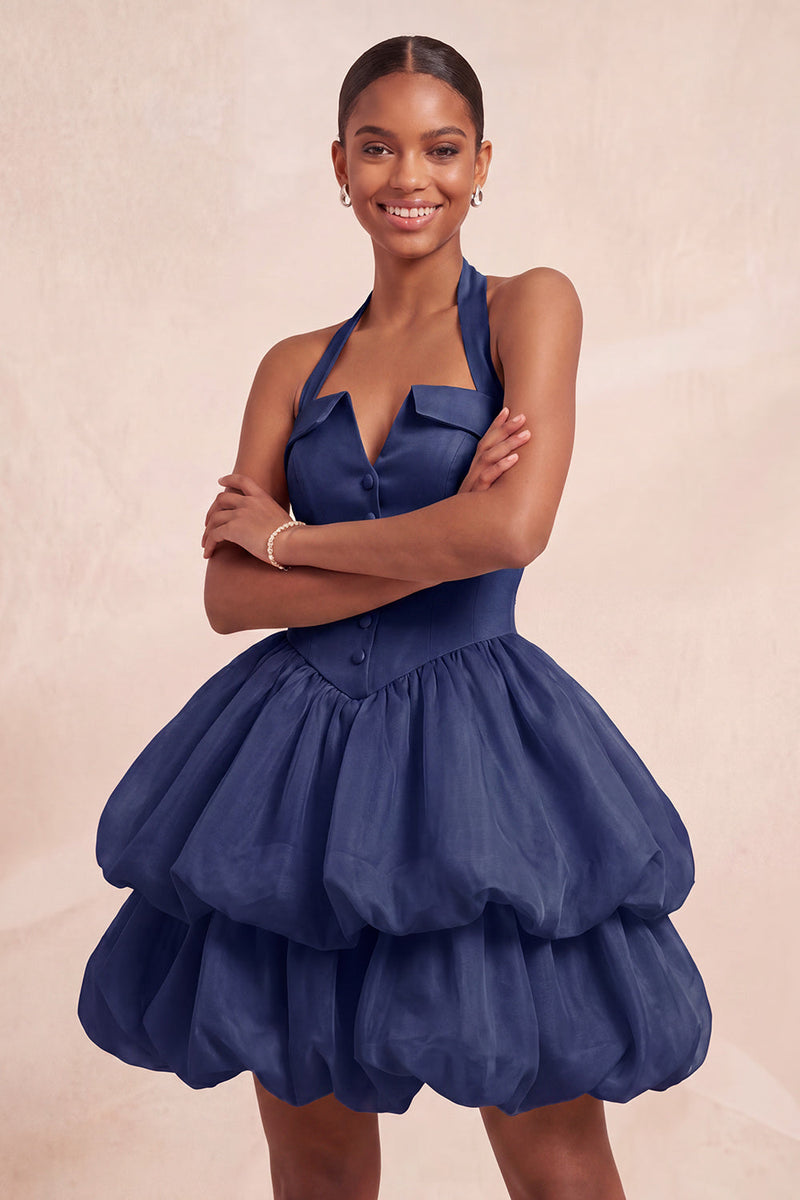Load image into Gallery viewer, Pink Halter Corset Tiered Short Cocktail Dress with Covered Buttons