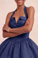 Load image into Gallery viewer, Pink Halter Corset Tiered Short Cocktail Dress with Covered Buttons