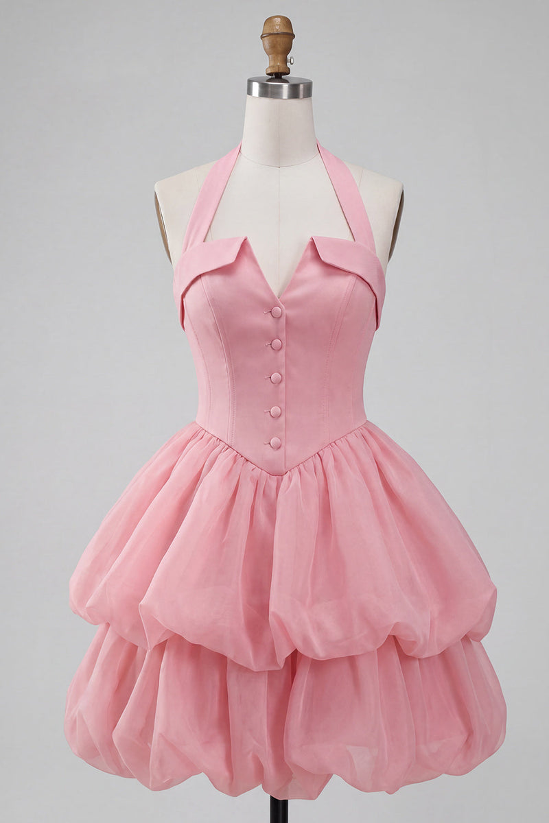 Load image into Gallery viewer, Pink Halter Corset Tiered Short Cocktail Dress with Covered Buttons