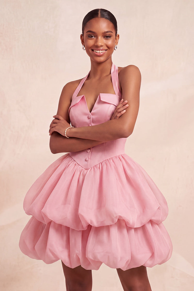 Load image into Gallery viewer, Pink Halter Corset Tiered Short Cocktail Dress with Covered Buttons
